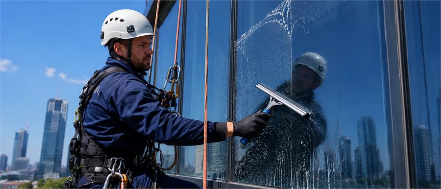 İple erişimle dış cephe cam temizliği - Safir Dağcılık İstanbul